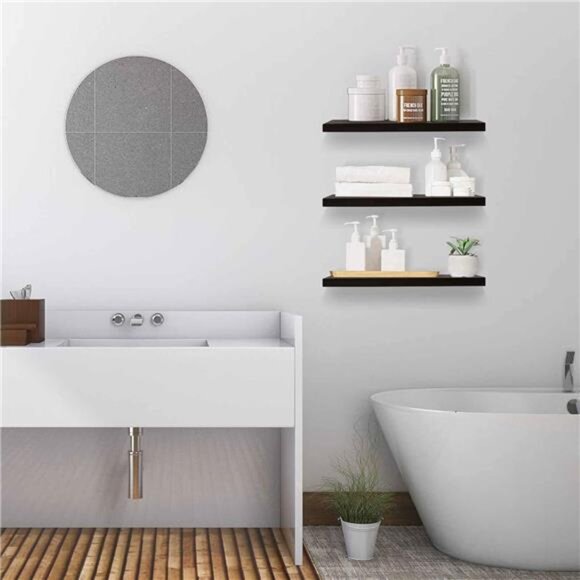 Floating Shelves Wall Shelf Solid Wood for Bathroom Bedroom Kitchen Set of 3 - Picture 2 of 7